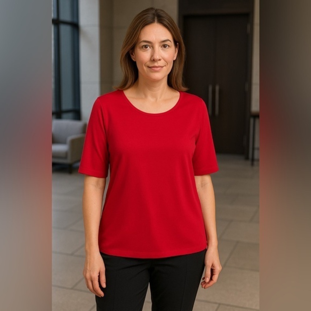 Red Liquid Knit Elbow Sleeve Basic Top-Wardrobe Staple Work to Weekend EUC M 642